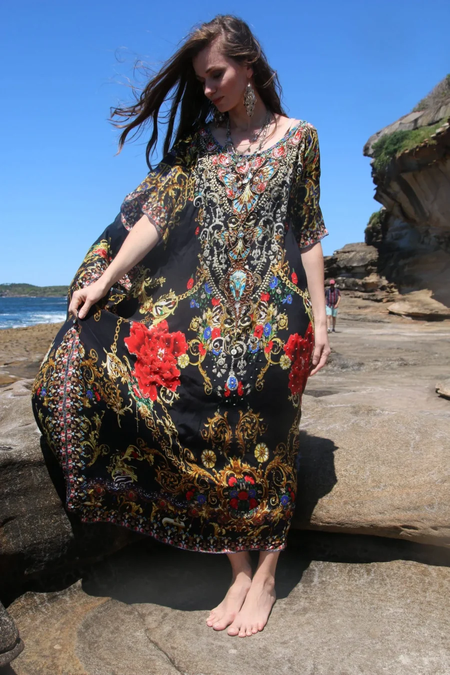 Raisin black round neck long kaftan