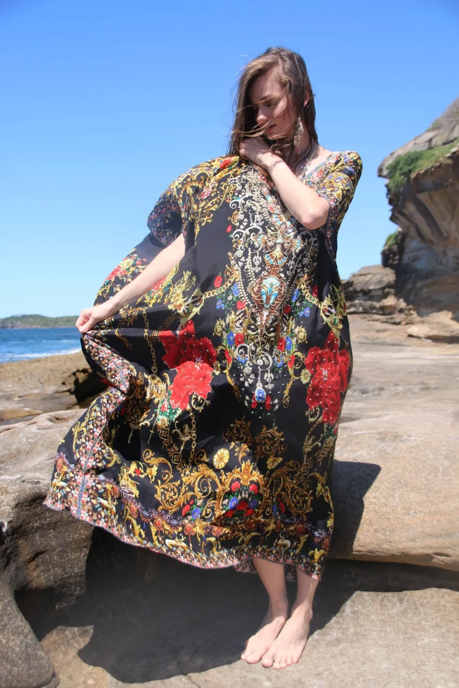 Raisin black round neck long kaftan