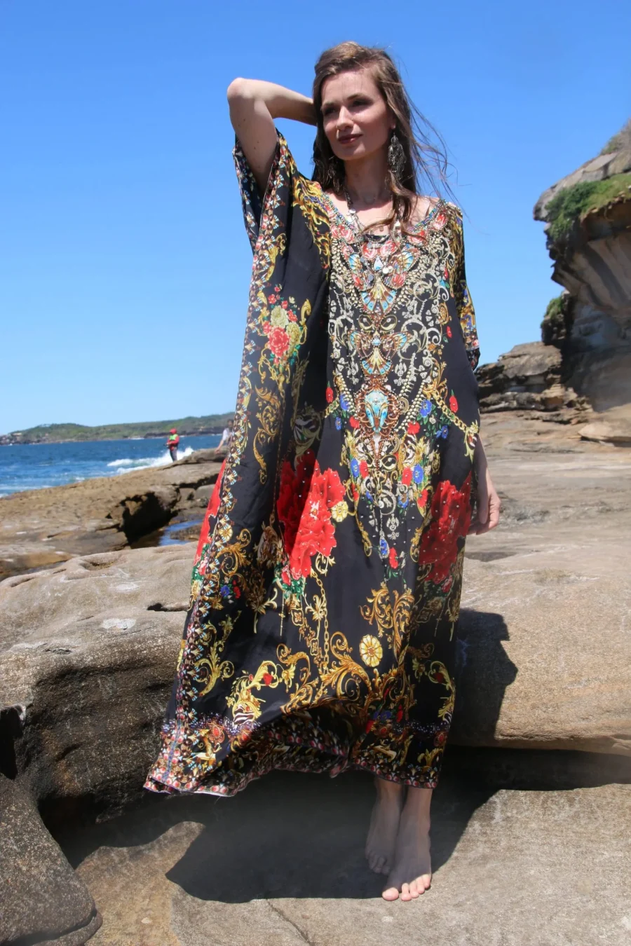 Raisin black round neck long kaftan