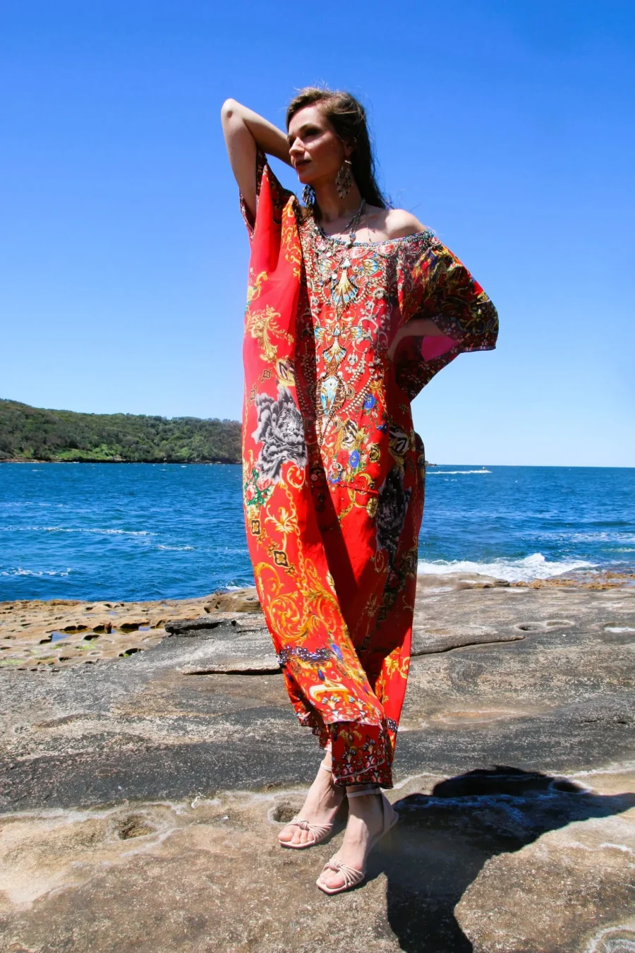 Raisin Red Round neck long kaftan