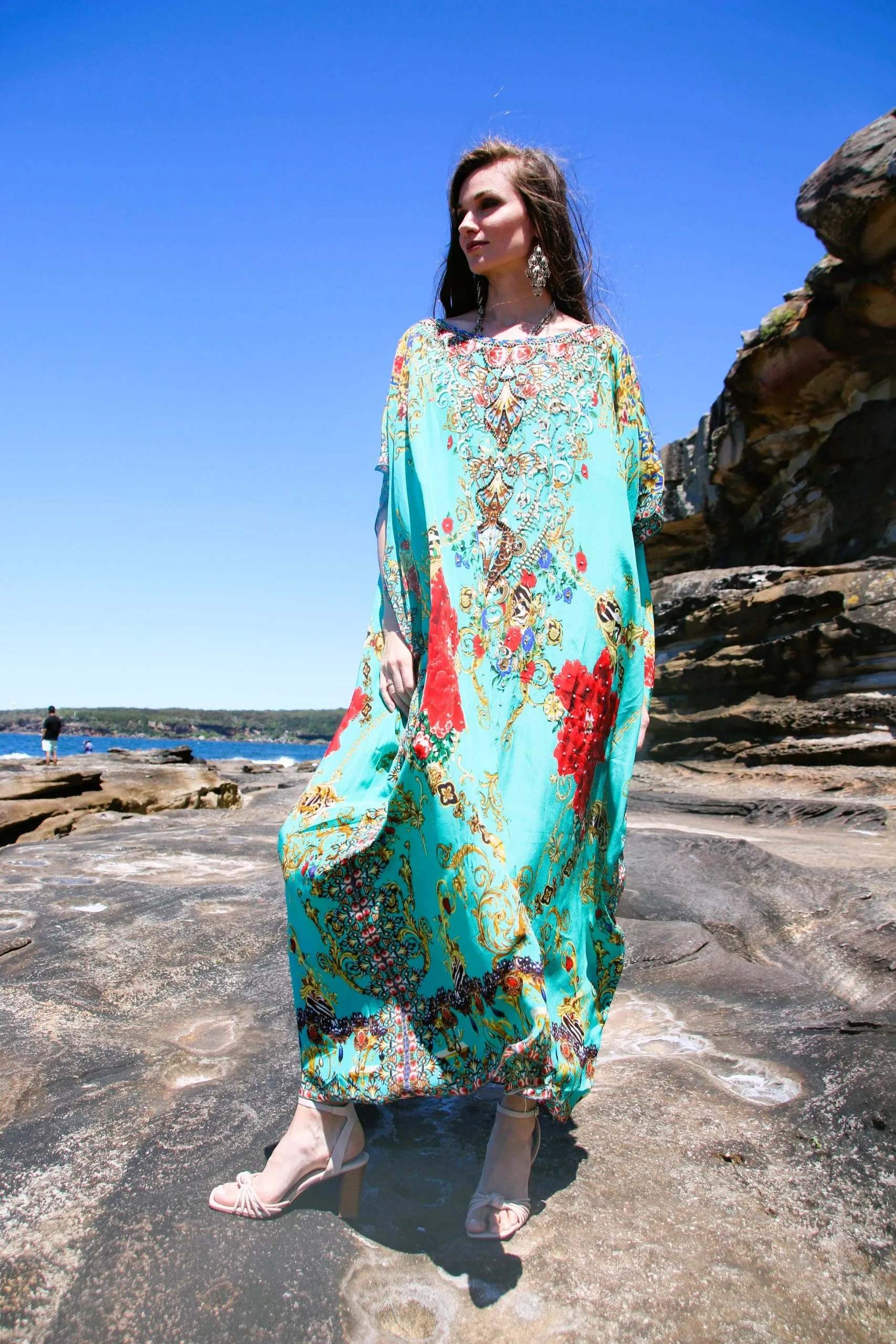 Raisin aqua round neck long kaftan