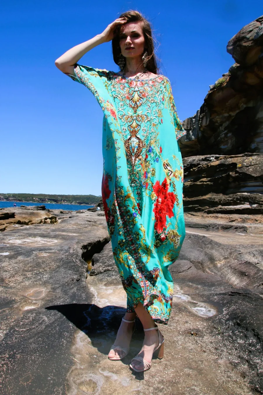 Raisin aqua round neck long kaftan