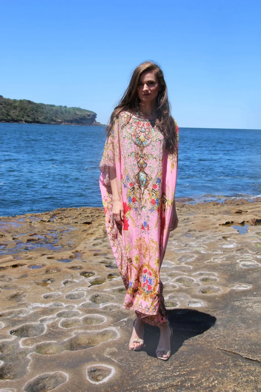 Raisin pink round neck long kaftan