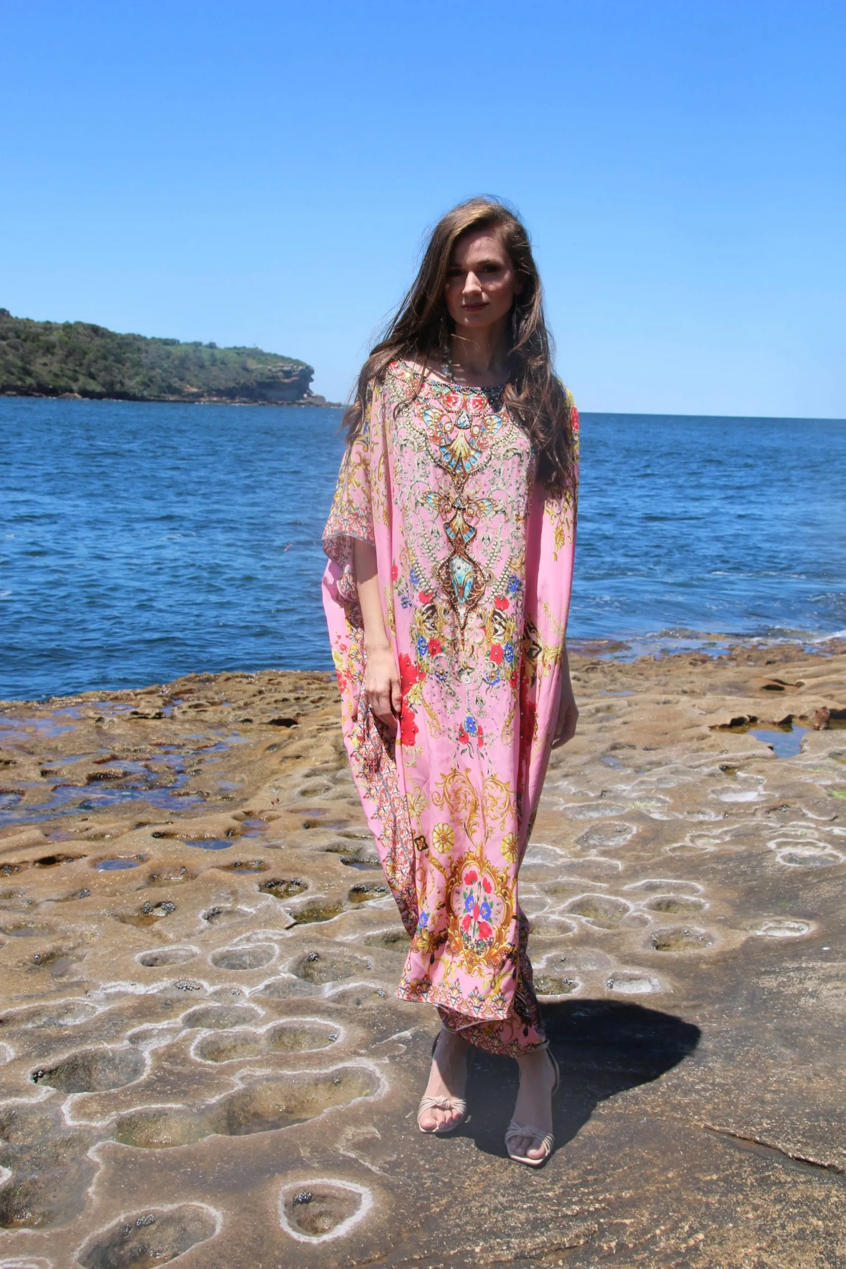 Raisin pink round neck long kaftan