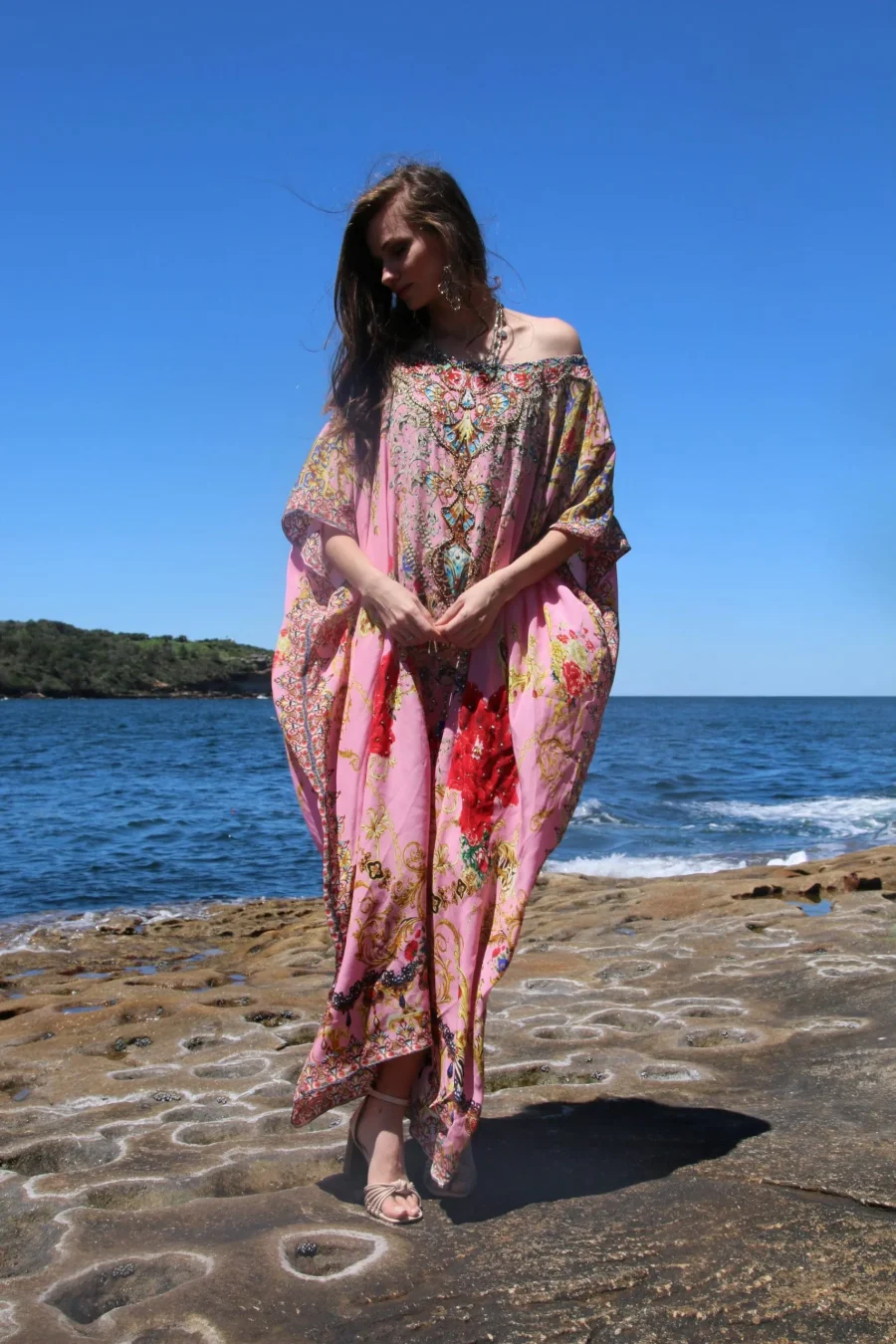 Raisin pink round neck long kaftan