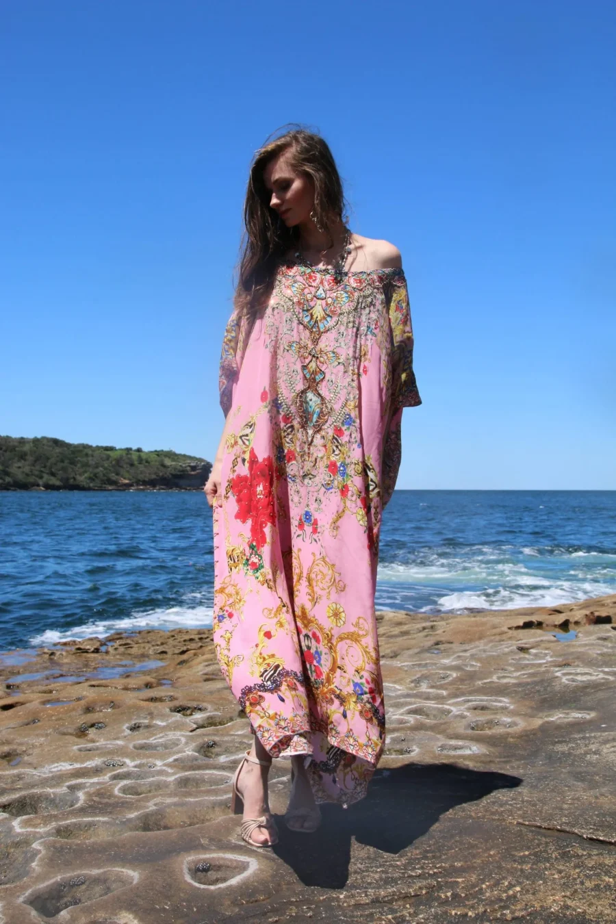 Raisin pink round neck long kaftan