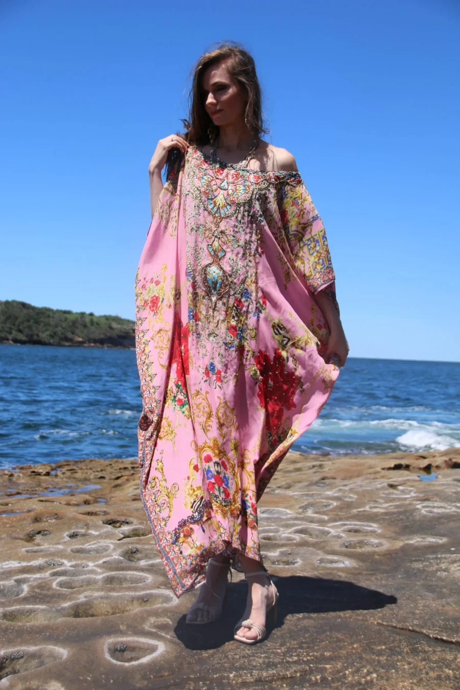 Raisin pink round neck long kaftan