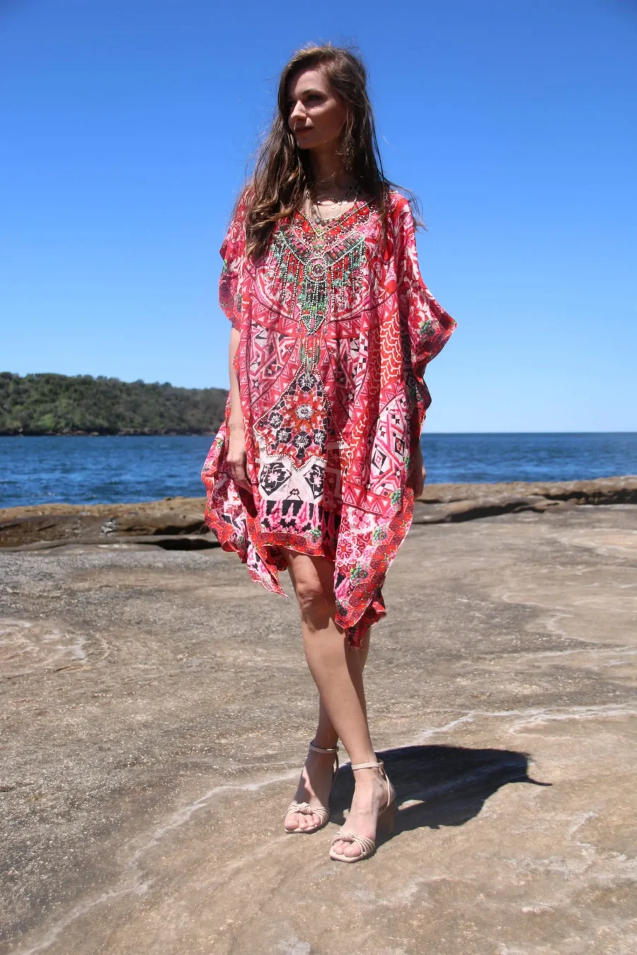 Flora coral short kaftan